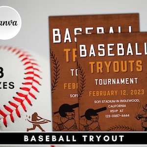 Könnte beinhalten: Eine braune und weiße Baseball-Tryout-Ankündigung im Vintage-Design. Die Ankündigung enthält den Text "Baseball Tryouts Tournament" und "February 12, 2023".