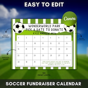 Editable Soccer Calendar Fundraiser Template, Clear The Board Fundraising Made Easy, Soccer Pick a Date to Donate, 8.5x11 Digital Download