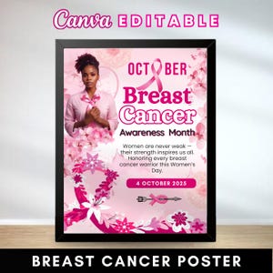 Puede incluir: Un póster rosa enmarcado para el Mes de Concienciación sobre el Cáncer de Mama. El póster presenta a una mujer con una camisa rosa, una cinta rosa y detalles florales. El texto incluye "Mes de Concienciación sobre el Cáncer de Mama" y la fecha "4 OCTUBRE 2025".