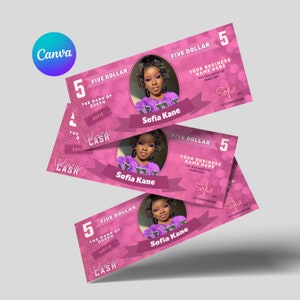 Valentine Cash Gift Certificate, Pink Money Gift Template, 100 Dollar Bill Template Lash, Hair, Boutique, Makeup, Nails Canva Editable