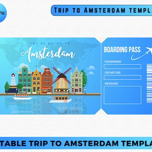 Billet surprise Amsterdam Pays-Bas - Carte d'embarquement imprimable - Cadeau personnalisé modifiable - Téléchargement instantané au format PDF