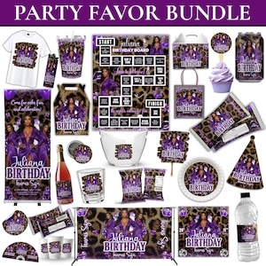 Könnte beinhalten: Ein Party-Geschenk-Bundle mit einem lila und Leopardenmuster-Design. Das Set enthält ein T-Shirt, Becher, ein Banner und ein Geburtstagsbrett, alle mit dem Text "Juliana Birthday Taurus Szn".