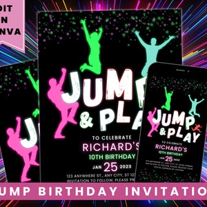 Pode incluir: Um convite imprimível em verde neon, rosa e branco para uma festa de aniversário. O convite diz "Jump & Play" e apresenta uma silhueta de uma pessoa pulando. O texto do convite diz "Para Celebrar o 10º Aniversário de Richard" e inclui a data "Jan 25 2023".