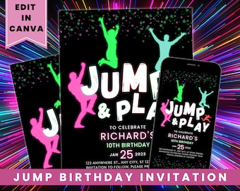 Jump Birthday Invitation, Trampoline Party Invite, Editable Printable Jump And Play Birthday Invitation, Jumping Party, Evite