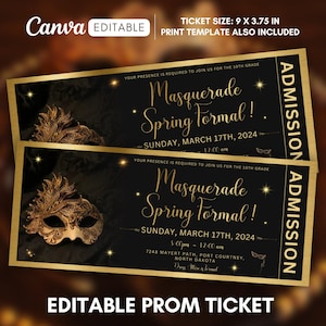 Masquerade Prom Ticket, Masquerade Ticket invitation, Editable Masquerade Party Ticket Template, Prom Masquerade Theme Canva Template