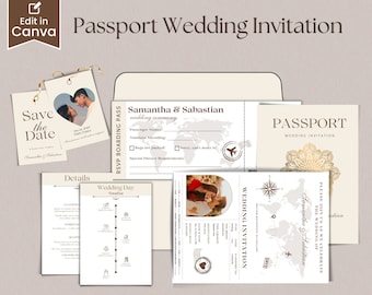 Uitnodiging voor een bruiloft op een bestemming, uitnodiging voor een boardingpass, afdrukbare paspoortuitnodiging voor een bruiloft, bruiloft met reisthema, sjabloon downloaden