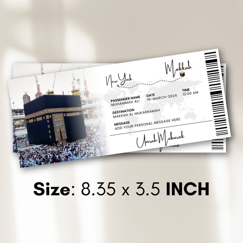 May include: A white ticket with black text and a barcode. The ticket is for a trip to Makkah, Saudi Arabia. The passenger name is Muhammad Ali. The date is 16-March-2024 and the time is 12:00 AM. The ticket is 8.35 inches by 3.5 inches.