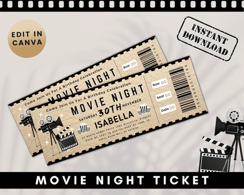 Editable Ticket Template movie Ticket movie Invitation surprise Movie