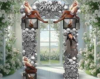 May include: A silver and black balloon arch with the text "Jennifer Prom Queen 2023" and a picture of a person in the center. The arch is decorated with silver and black balloons and has a television screen on each side.