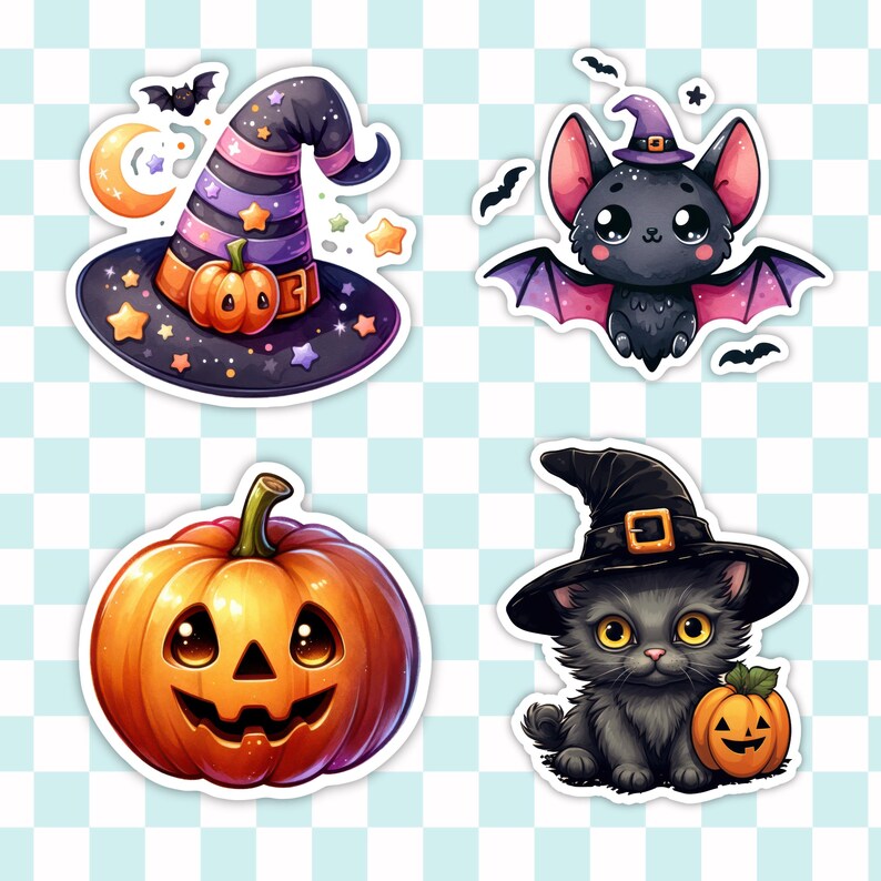 May include: Four Halloween-themed stickers featuring a witch's hat, a bat, a pumpkin, and a black cat wearing a witch's hat. The stickers are all on a checkered background.