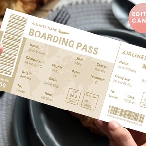 Editable Boarding Ticket Template, Surprise Boarding Pass, Plane Ticket Vacation, Airline, Trip, Flight Gift, Holiday, Fake, Wife, Digital