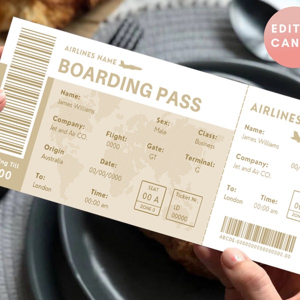 Editable Boarding Ticket Template, Surprise Boarding Pass, Plane Ticket Vacation, Airline, Trip, Flight Gift, Holiday, Fake, Wife, Digital