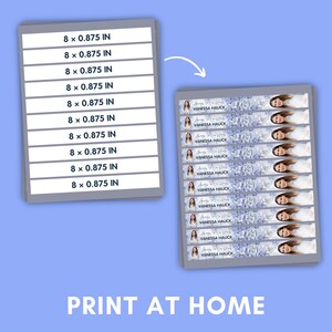 May include: Printable memorial ribbon labels with a floral design and the text "Always in our hearts" and "RIP". The labels are 8 inches by 0.875 inches and feature a photo of a woman.