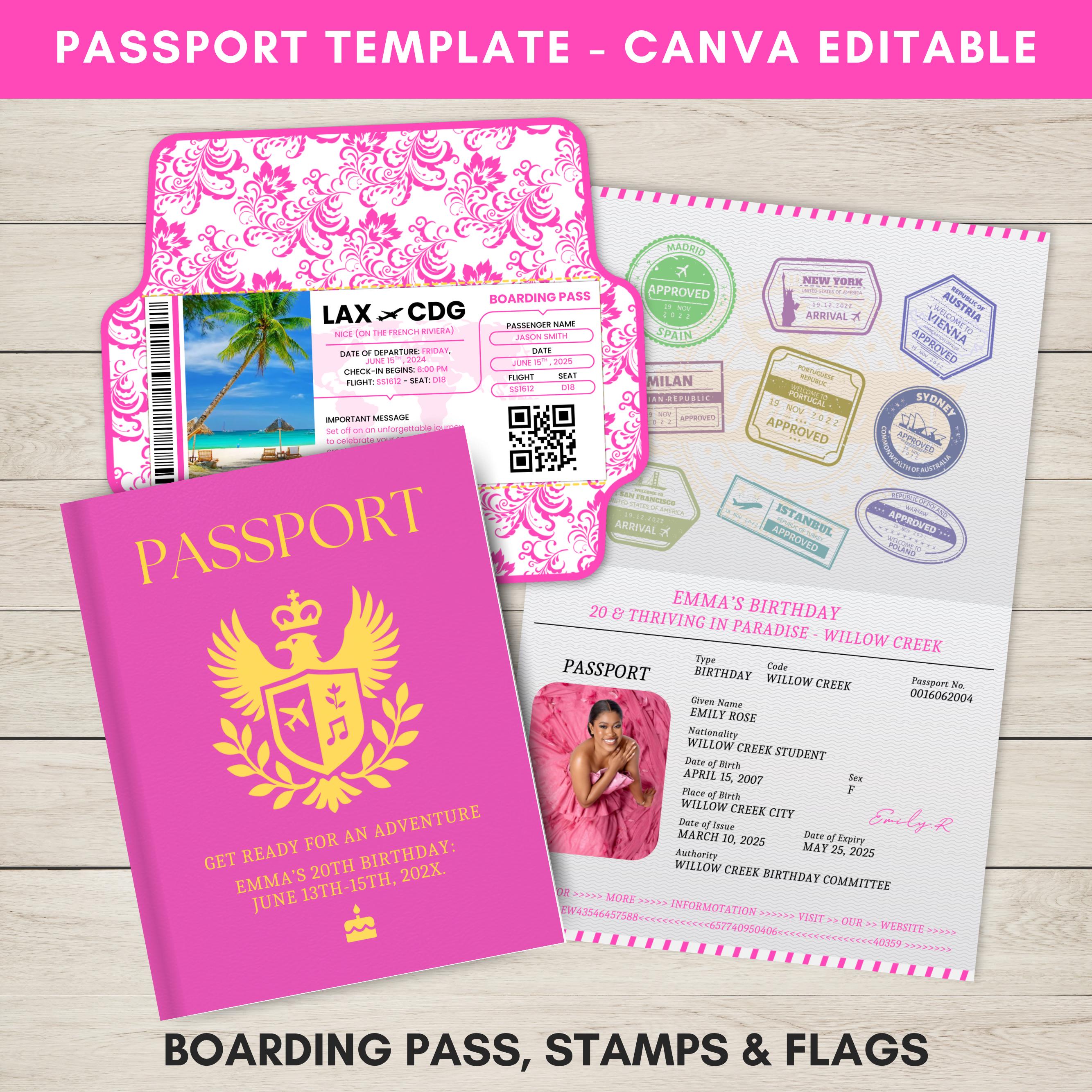 Printable Birthday Passport Invite, Passport Template, Destination Boarding Pass Invitation, Printable Passport Backdrop, Editable Passport