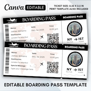 Könnte beinhalten: Eine schwarz-weiße Bordkarten-Vorlage mit dem Text "BOARDING PASS" und "EDITABLE". Das Ticket enthält Felder für Name, Ziel, Datum und Uhrzeit. Die Ticketgröße beträgt 21,21 x 8,89 cm.