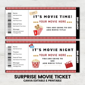 Afdrukbare FILMcadeaubonnen. Onthullingsticket voor een cadeau met bioscoopthema. Printbare instapkaart. Direct downloaden. Verjaardagsfeestje met bioscoopkaartjes.
