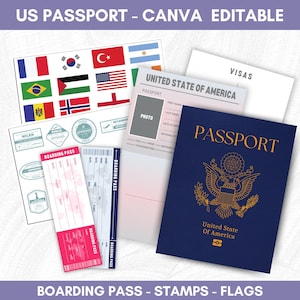 Editable Us Passports for Kids, Printable Passport for Kid for Playing Travel and Learning,kids Boarding Pass, Stamps & Visas Canva Template
