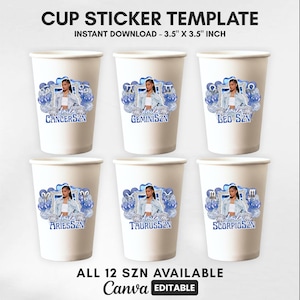 以下が含まれることがあります： 白い紙コップステッカーテンプレート、8.89 cm x 8.89 cm、女性と星座が特徴です。デザインには、蟹座、双子座、獅子座、牡羊座、牡牛座、蠍座が含まれます。「CUP STICKER TEMPLATE」と「ALL 12 SZN AVAILABLE」と書かれています。