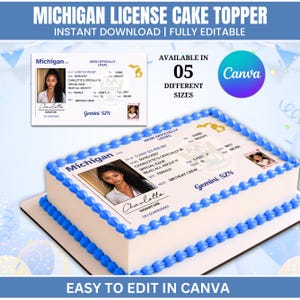 Könnte beinhalten: Ein rechteckiger Kuchen mit weißer Glasur und blauer dekorativer Verzierung an den Rändern, der einen essbaren Druck eines Führerscheins aus Michigan zeigt. Der Führerschein enthält ein Foto, den Text Michigan, Gemini SZN und Charlotte.