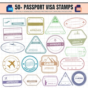 Könnte beinhalten: Eine Sammlung digitaler Reisepass-Visastempel in verschiedenen Formen wie Kreisen, Dreiecken und Rechtecken. Die Stempel zeigen Flugzeugsymbole, Wahrzeichen und Texte wie APPROVED, ARRIVAL, CAIRO und ITALIAN REPUBLIC in verschiedenen Farben.