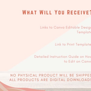 Pu&ograve; includere: Annuncio di prodotto digitale con testo color corallo su sfondo rosa chiaro. Il testo recita "WHAT WILL YOU RECEIVE?" seguito da un elenco di contenuti scaricabili digitalmente. La parte inferiore dell'immagine recita "NO PHYSICAL PRODUCT WILL BE SHIPPED ALL PRODUCTS ARE DIGITAL DOWNLOADS."
