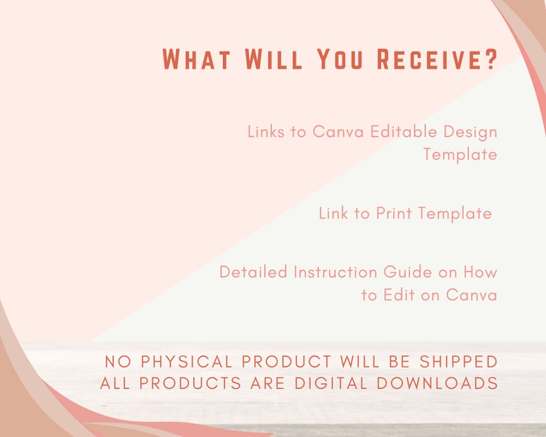Pu&ograve; includere: Annuncio di prodotto digitale con testo color corallo su sfondo rosa chiaro. Il testo recita "WHAT WILL YOU RECEIVE?" seguito da un elenco di contenuti scaricabili digitalmente. La parte inferiore dell'immagine recita "NO PHYSICAL PRODUCT WILL BE SHIPPED ALL PRODUCTS ARE DIGITAL DOWNLOADS."