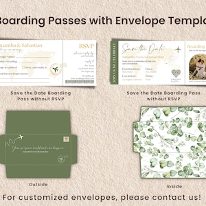 May include: A printable template for a save the date card with a boarding pass design. The template features a green and white envelope with a floral pattern and a green envelope with a plane design. The text on the card reads "Save the Date Boarding Pass".