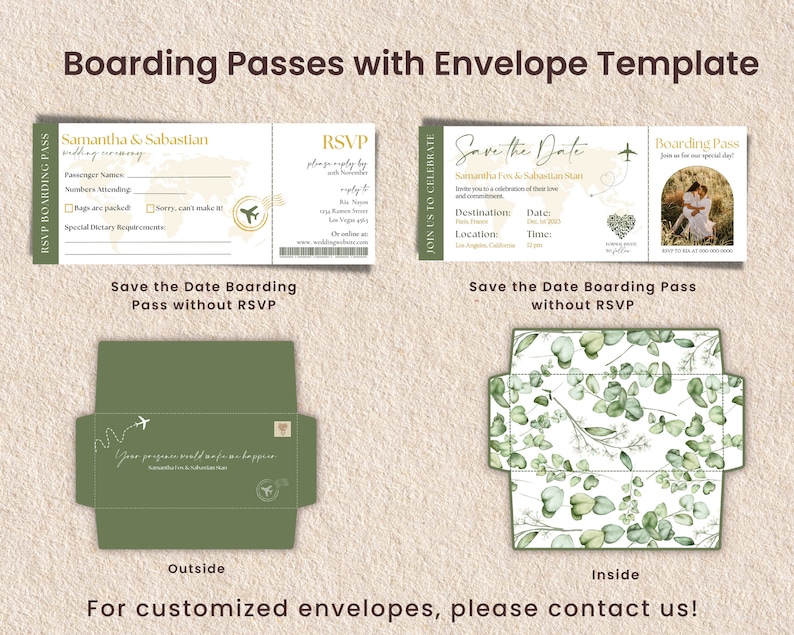 May include: A printable template for a save the date card with a boarding pass design. The template features a green and white envelope with a floral pattern and a green envelope with a plane design. The text on the card reads "Save the Date Boarding Pass".