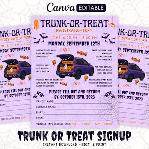 Könnte beinhalten: Ein lila Trunk-or-Treat-Anmeldeformular mit einer Autografik, Fledermäusen und Zuckermais. Das Formular enthält Felder für Familiennamen, Kontaktinformationen und Fahrzeugtyp. Der Text lautet "Trunk-or-Treat" und "Montag, 12. September."