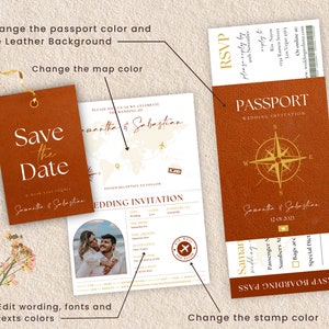 May include: A passport-style wedding invitation with a brown leather background. The invitation features a compass, a world map, and the text "Samantha & Sebastian" in gold lettering. The invitation is designed to look like a passport and includes a boarding pass with the text "RSVP Boarding Pass".
