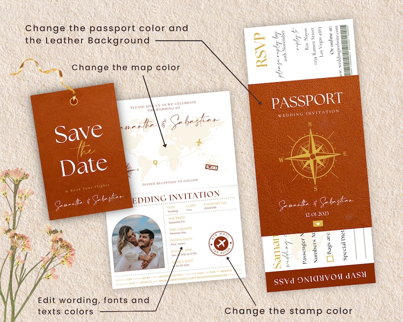 May include: A passport-style wedding invitation with a brown leather background. The invitation features a compass, a world map, and the text "Samantha & Sebastian" in gold lettering. The invitation is designed to look like a passport and includes a boarding pass with the text "RSVP Boarding Pass".