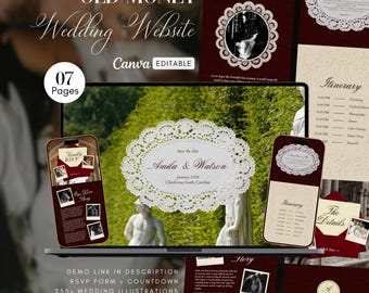 Old Money Wedding Website Template with RSVP Editable Canva Website Mobile Friendly Design Burgundy Digital Invitation Vintage Wedding Site