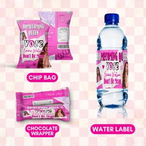 Pu&ograve; includere: Busta di patatine fritte, involucro di barretta di cioccolato ed etichetta di bottiglia d'acqua rosa e bianca con un design di carta strappata. Il testo recita "Homecoming Queen Vote Emma Watson Don't Be Mean".