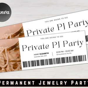 Könnte beinhalten: Zwei weiße Tickets mit schwarzem Text, auf denen "You are going to see Private PJ Party" steht. Die Tickets haben einen Barcode und den Text "NAME: ELIZABETH, November 24th, 2024, 10.00 PM - 02.00 AM, 123 Anywhere St. Any City". Die Tickets haben ein Hintergrundbild einer Perlenkette in einer Teetasse.