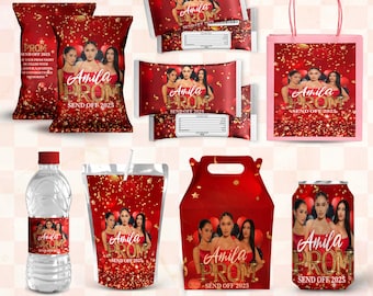 May include: A collection of red and gold prom-themed treat packaging, including bags, boxes, and bottles. The packaging features the text "Amila PROM SEND OFF 2025" and images of young women. The words "PROM TREAT BUNDLE" are at the bottom.