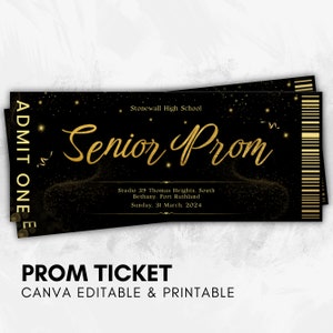 Prom Ticket Template, Prom Senior Gold & Black Theme Ticket, Ticket Template, Prom Senior Night Party Ticket, Editable Ticket Canva Template