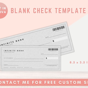 Billete imprimible, cheque en blanco, cheque de cumpleaños en blanco, plantilla de cheque Canva, papel para cheques, plantillas de cheques personalizables, pago con cheque bancario