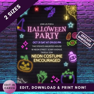 Neon Halloween Party Invitation, Editable Spooky Costume Party Invite, Glow Party, Modern Birthday, DIGITAL Printable Invite Edit Today!