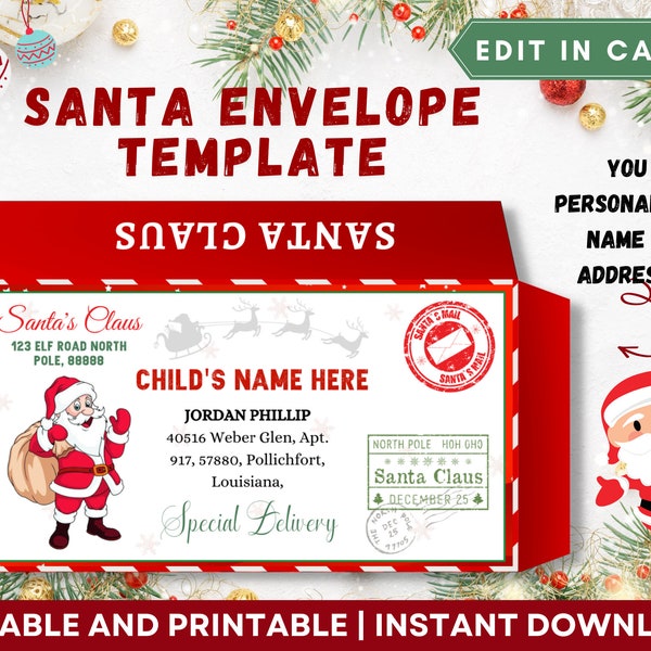 Santa Envelope Template, Santa Mailing Label, Diy Santa Envelope, Envelope From Santa, North Pole Envelope, North Pole Mail, Santa Envelope