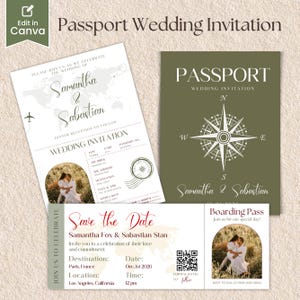 Könnte beinhalten: Ein Set von Hochzeitseinladungen im Pass-Stil. Das Design umfasst eine Pass-Einladung, eine Save-the-Date-Karte und eine Bordkarte. Die Einladungen zeigen die Namen Samantha & Sebastian, eine Windrose und ein Foto eines Paares.