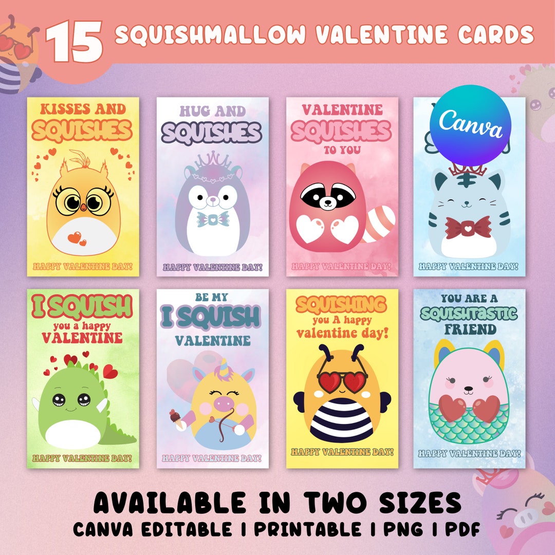 15 Squishmallow Valentine Day Cards, Valentine Squishmallow Stickers