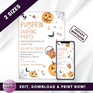 Pumpkin Carving Party Invitation, Kids Halloween Party Invitation Template, Halloween Party Invitation, Editable Halloween Invitation
