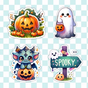 May include: Four Halloween themed stickers featuring a ghost holding a jack-o-lantern, a pumpkin with a jack-o-lantern face, a blue dragon holding a jack-o-lantern, and a sign that says "SPOOKY" with a ghost on top.