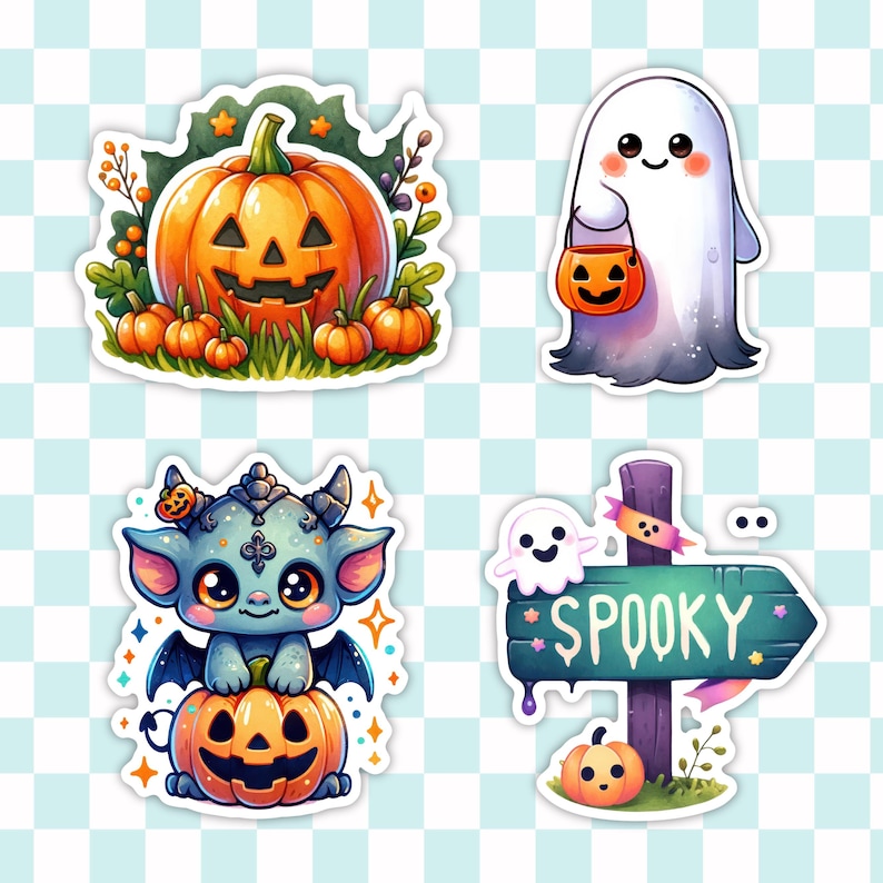May include: Four Halloween themed stickers featuring a ghost holding a jack-o-lantern, a pumpkin with a jack-o-lantern face, a blue dragon holding a jack-o-lantern, and a sign that says "SPOOKY" with a ghost on top.