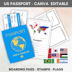 Editable US Passports for Kids, Printable Passport for Kid for Playing Travel and Learning,kids Boarding Pass, Stamps & Visas Canva Template
