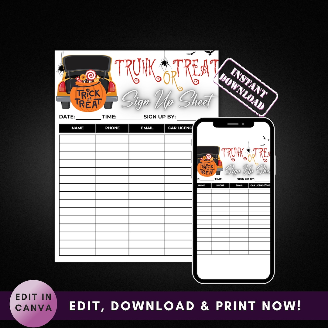 Trunk or Treat Sign up Sheet Template, Kids Halloween Party, Halloween Trunk or Treat Sign up Sheet Template, Kids Halloween Party, Halloween