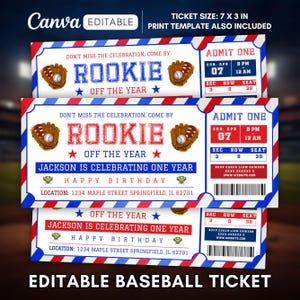 Könnte beinhalten: Bearbeitbare Baseball-Ticket-Vorlage mit rotem, weißem und blauem Design. Enthält den Text "Rookie Off The Year" und "Happy Birthday". Baseballhandschuh-Grafiken und "Admit One"-Abschnitte sind ebenfalls enthalten. Ticketgröße: 17,78 x 7,62 cm.