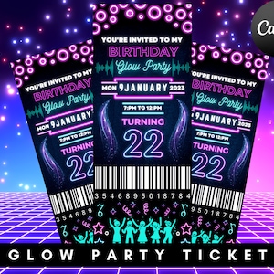 Editable Glow Party Birthday Invitation, Ticket Template, Glow Invitation, Girl, Boy, Neon Party Invite, Glow Party Template, Canva Template