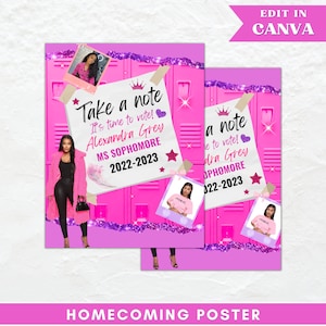 Könnte beinhalten: Ein rosa und violetter Homecoming-Poster mit einem Schließfach-Thema. Das Poster zeigt ein Foto einer jungen Frau mit dem Text "Take a note It's time to vote! Alexandra Grey MS Sophomore 2022-2023".