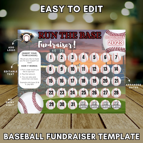 Editable Baseball Calendar Fundraiser Template | Clear The Board Fundraising Made Easy | 8.5x11 Digital Download